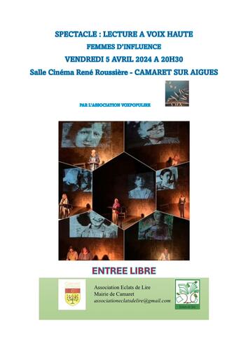 Spectacle : lecture à voix haute (femmes d'influence) organisée par l'association Éclats de Lire le vendredi 5 avril 2024 à 20h30 à la salle René Roussière