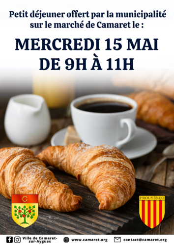 Petit déjeuner offert par la municipalité sur le marché de Camaret ce mercredi 15 mai 2024 de 9h00 à 11h00 sur le parking du Moto-Ball