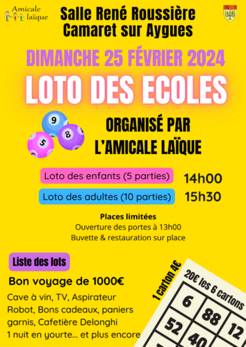Loto de l'Amicale Laique de Camaret le dimanche 25 février 2024 à 14h00 à la salle René Roussière