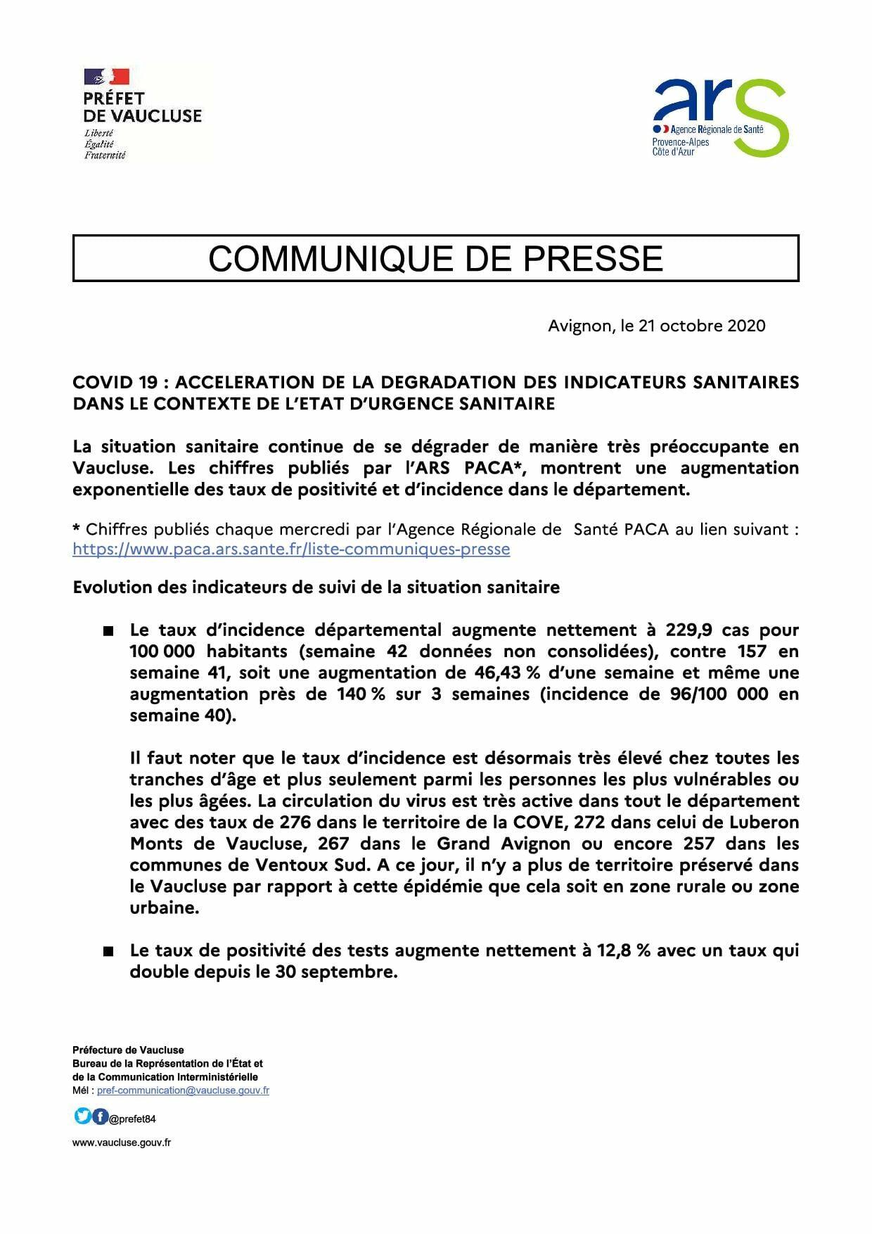 COVID-19 : communiqué de presse de la Préfecture de Vaucluse - 21 octobre 2020