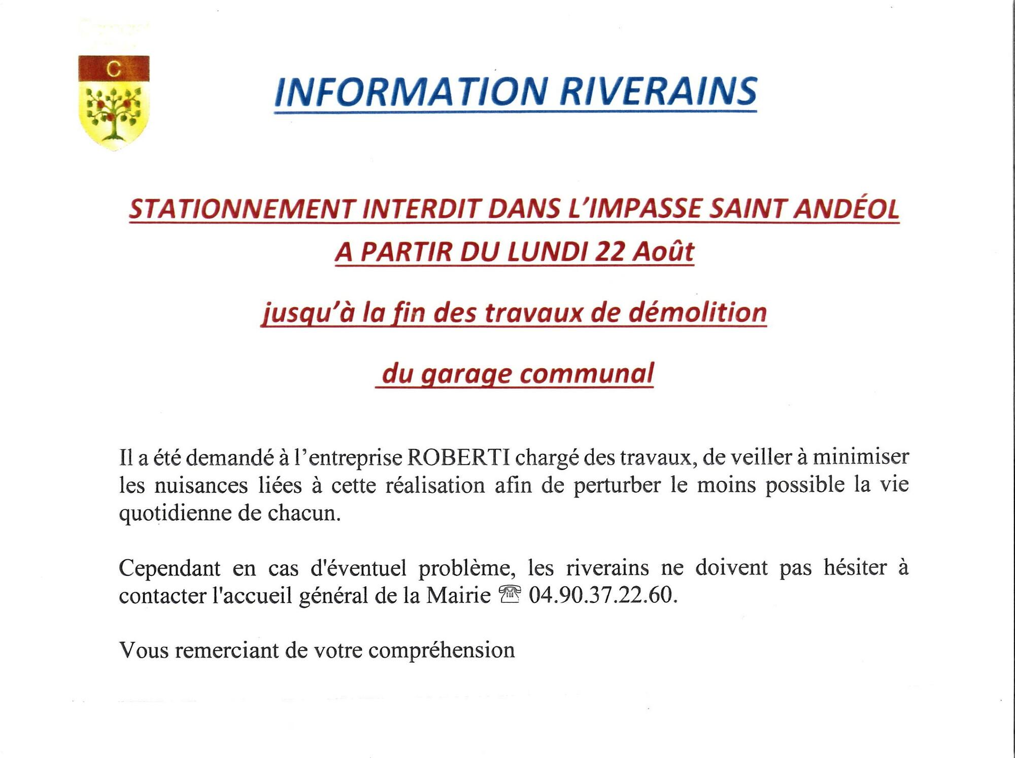 Démolition du garage municipal impasse Saint Andéol : information riverains