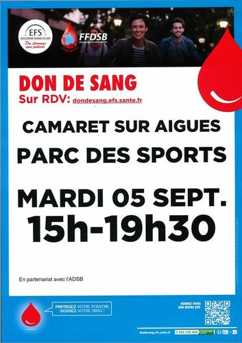 Prochaine collecte du don de sang : mardi 5 septembre 2023 de 15h à 19h30 à l'Espace René Roussière