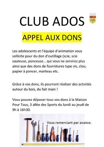 Club Ados : appel aux dons