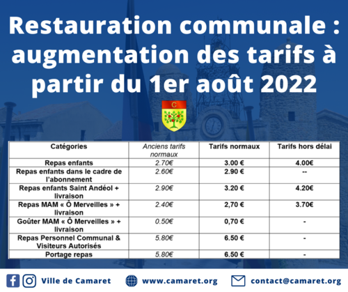 Restauration communale : augmentation des tarifs à partir du 1er août 2022