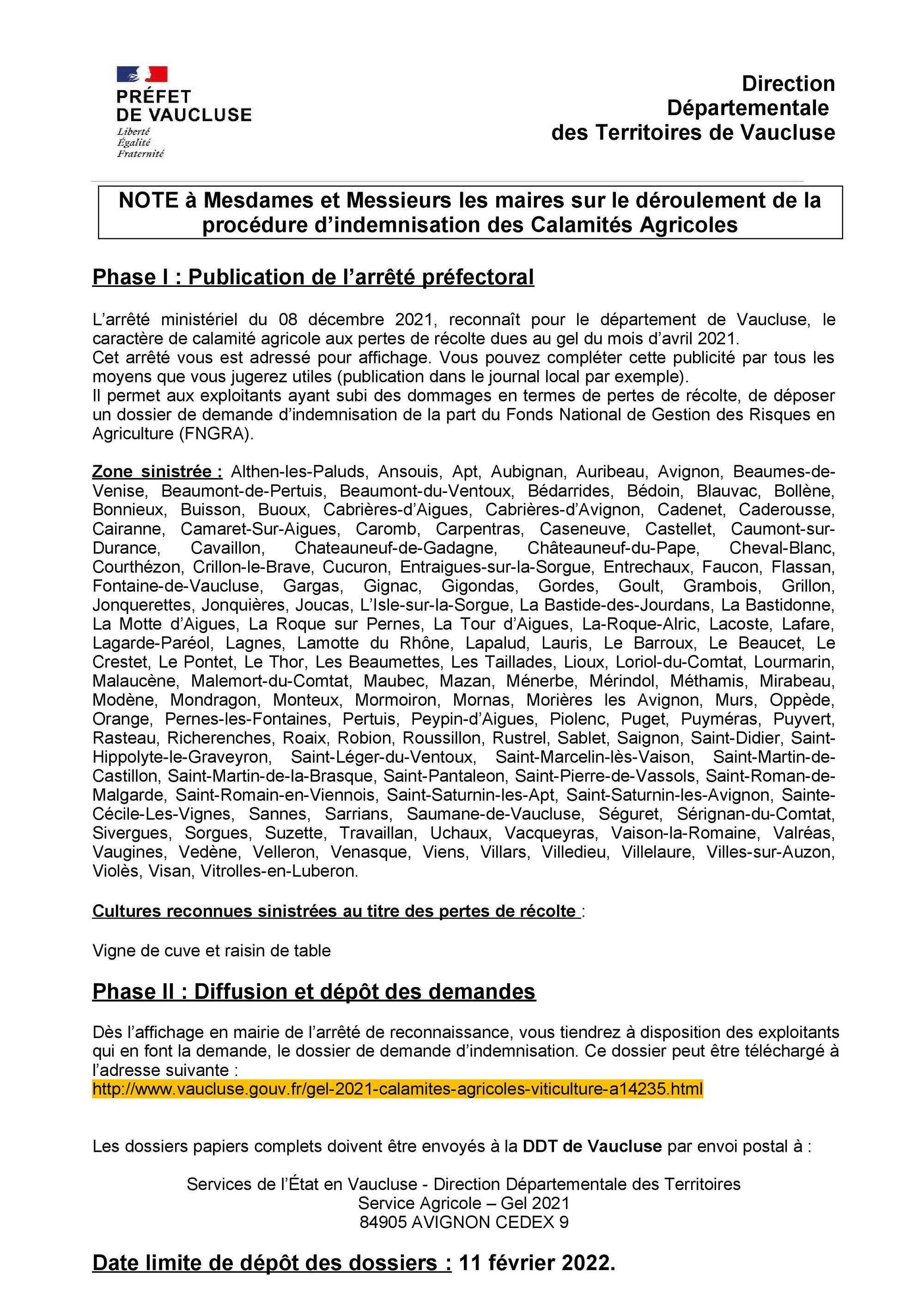 Gel 2021 - Calamités Agricoles - Viticulture : information importante de la Direction Départementale des Territoires de Vaucluse