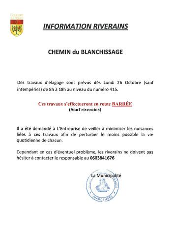 Information riverains : chemin du Blanchissage
