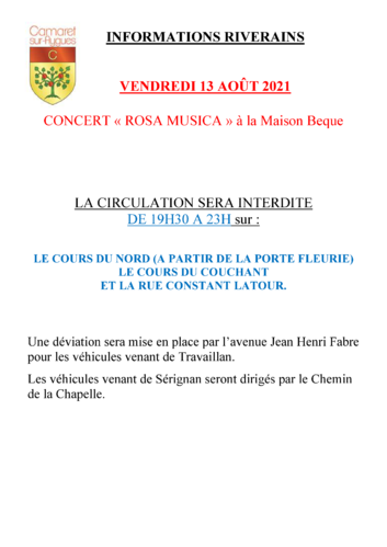 Information riverains : concert Rosa Musica le vendredi 13 août 2021