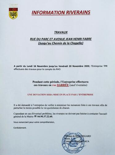 Information riverains : travaux rue du Parc et avenue Jean-Henri Fabre du 16 au 20 novembre 2020