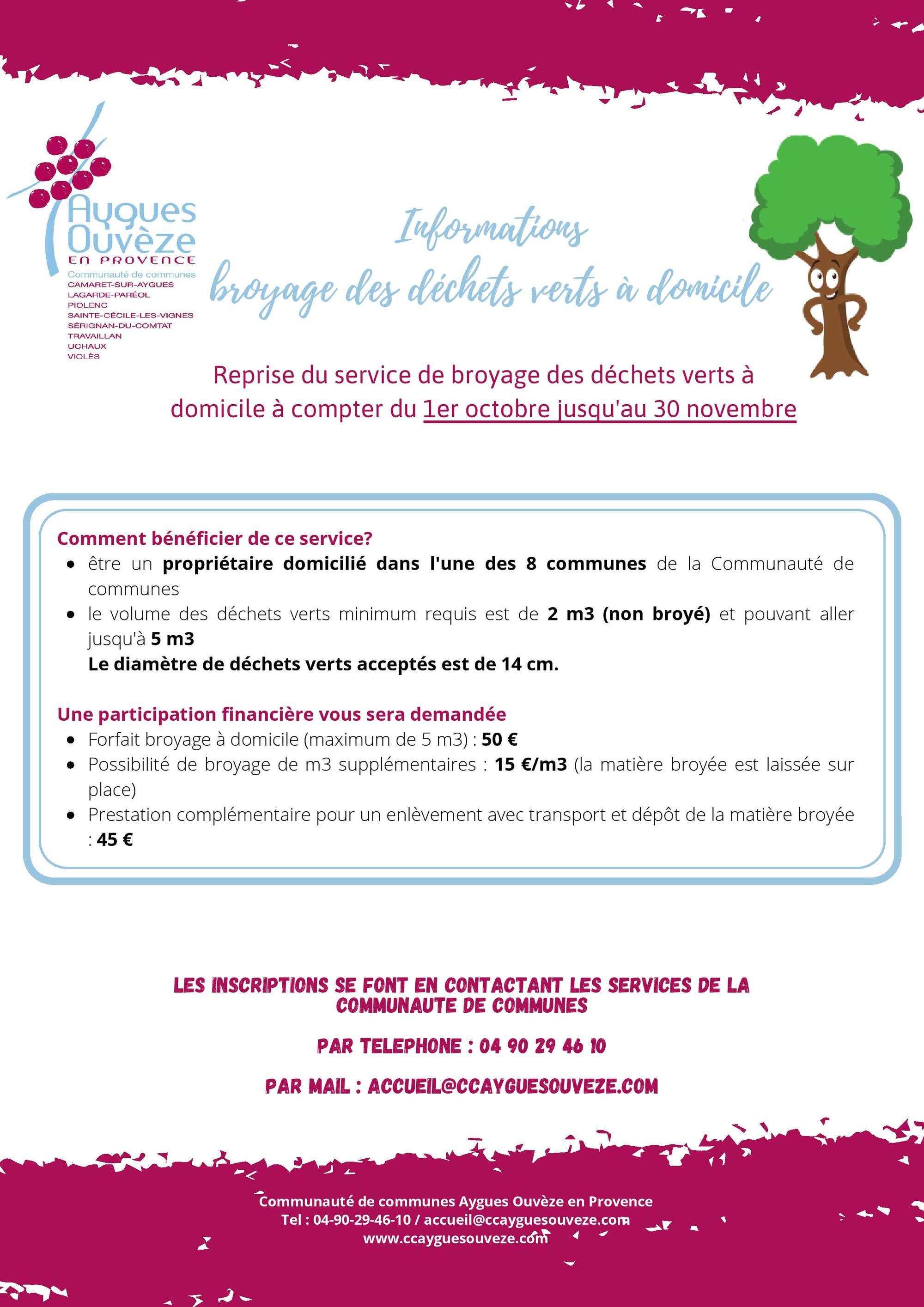 Informations de la Communauté de communes Aygues Ouvèze en Provence concernant le broyage des déchets verts à domicile