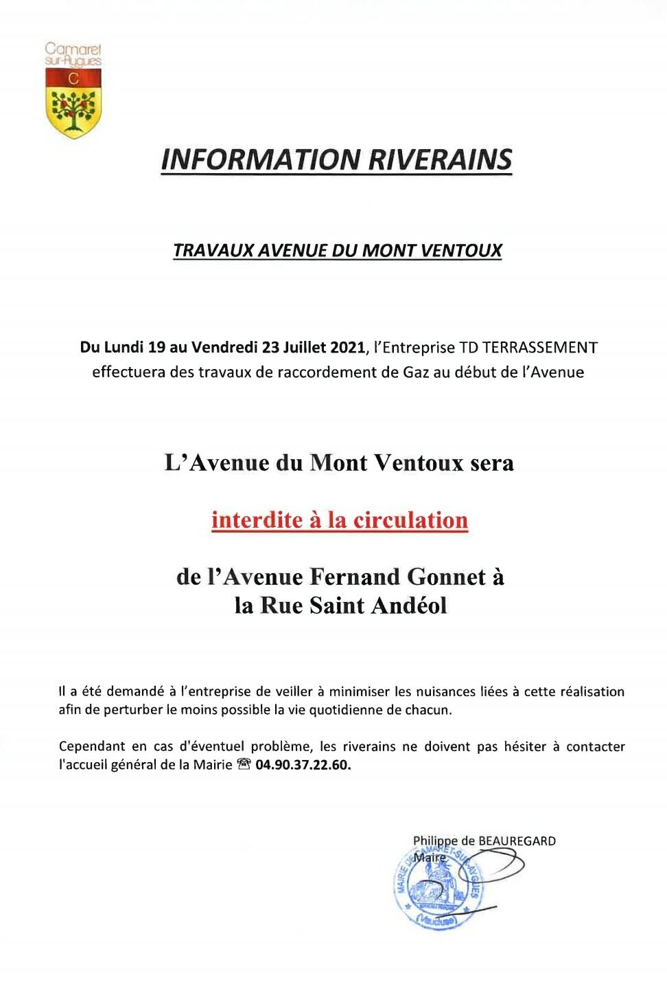 Information riverains : travaux sur l'avenue du Mont Ventoux