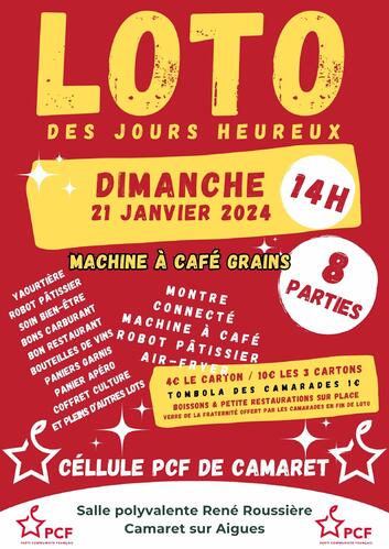 Loto du PCF de Camaret le dimanche 21 janvier 2024 à 14h00 à la salle René Roussière