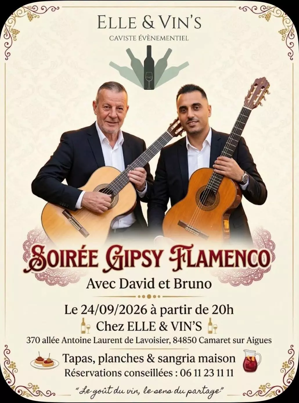 Soirée Gypsy Flamenco avec David & Bruno le jeudi 24 septembre 2026 à partir de 20h00 chez Elles & Vins