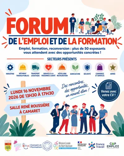 Forum de l'emploi et de la formation le lundi 16 novembre 2026 de 13h30 à 17h30 à la salle René Roussière