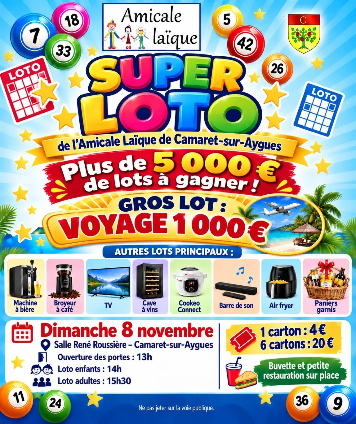 Loto de l'Amicale Laique de Camaret sur Aygues le dimanche 8 novembre 2026 à partir de 14h00 à la salle René Roussière