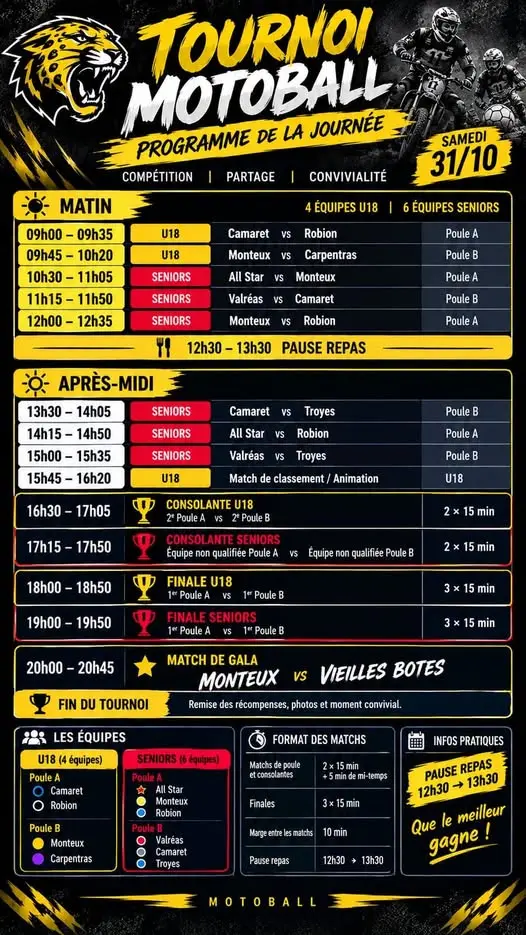 Tournoi de moto-ball en soutien au Sporting Club du Motoball Monteux ce samedi 31 octobre à partir de 9h00 sur le stade du Moto-Ball Club Camaret