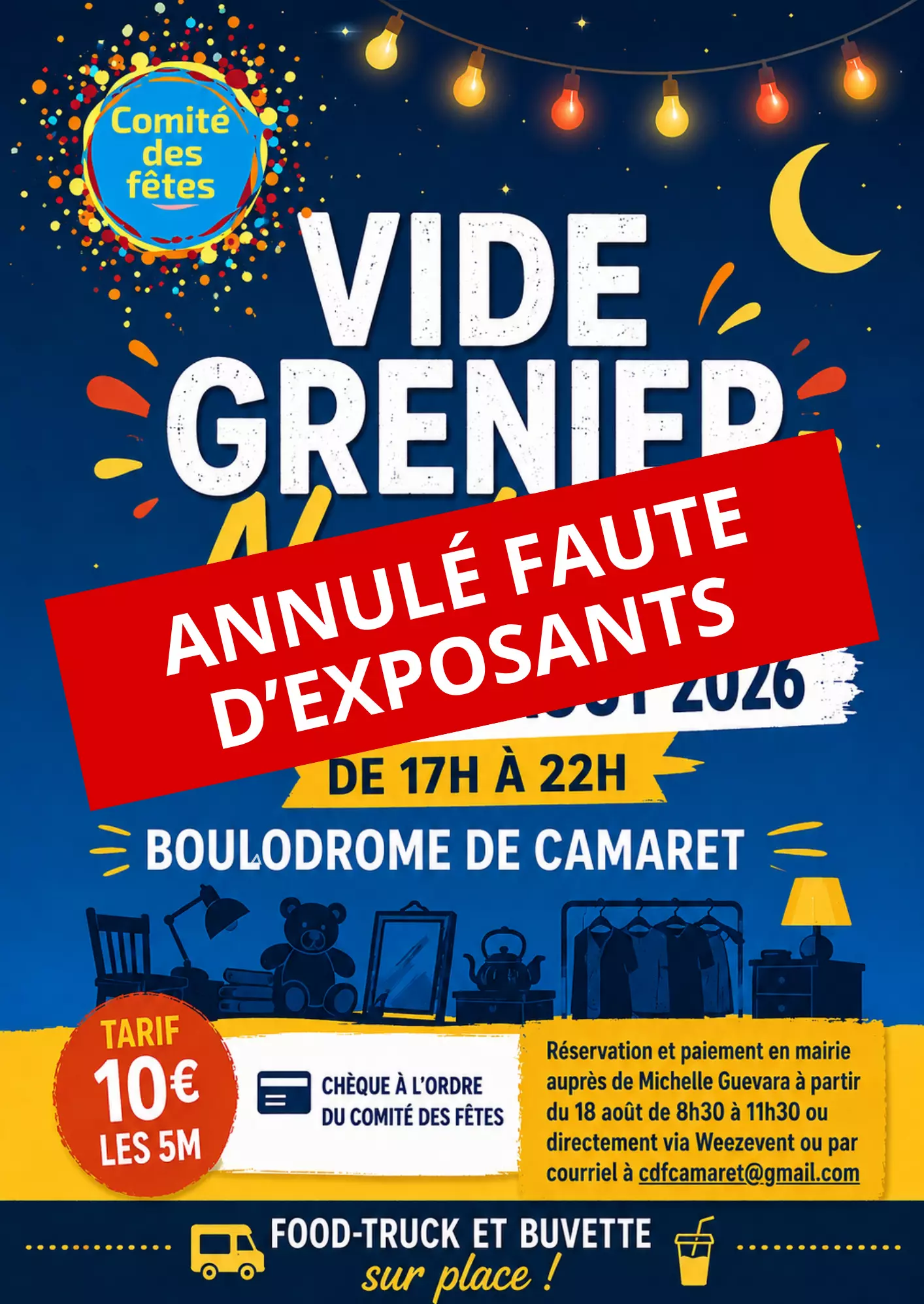 Vide-grenier nocturne organisé par le Comité des fêtes de Camaret-sur-Aygues le samedi 29 août 2026 de 17h00 à 22h00 sur le boulodrome