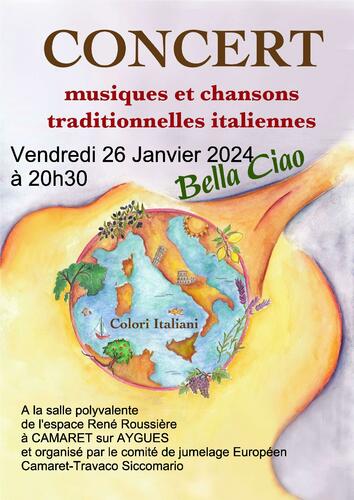 Concert de musiques et chansons traditionnelles italiennes le vendredi 26 janvier 2024 à 20h30 à la salle René Roussière