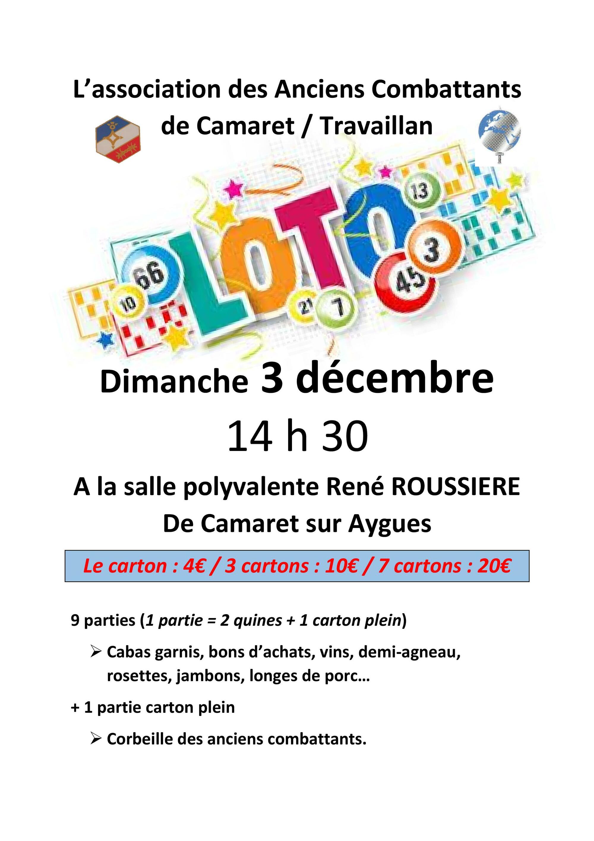 Loto du CATM Camaret / Travaillan le dimanche 3 décembre à 14h30 à la salle René Roussière