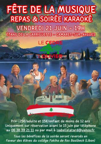 Fête de la musique - Repas et soirée karaoké le vendredi 21 juin 2024 à 19h00 à l'étang de la Garriguette
