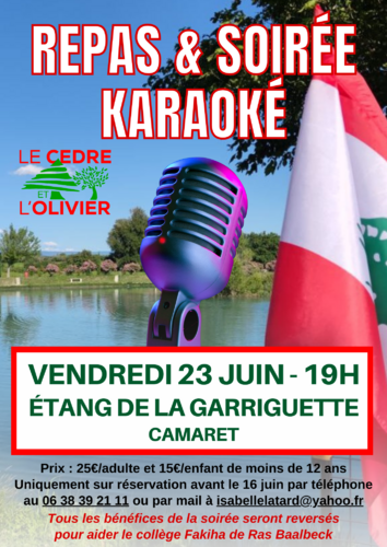 Repas et soirée karaoké le vendredi 23 juin à 19h00 à l'étang de la Garriguette