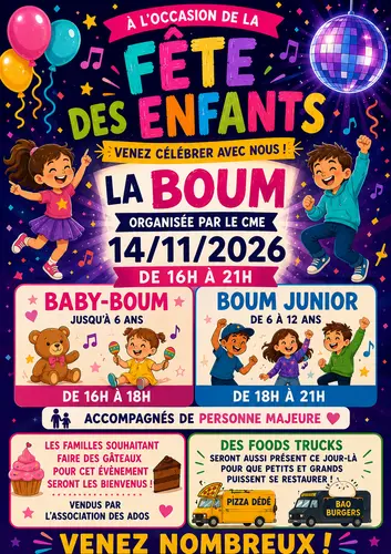 Fête des Enfants organisée par le Conseil Municipal des Enfants, le samedi 14 novembre 2026 de 16h00 à 21h00 à la salle René Roussière