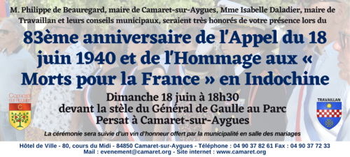 83ème anniversaire de l'Appel du 18 juin 1940 et de l'Hommage aux « Morts pour la France » en Indochine Le dimanche 18 juin à 18h30