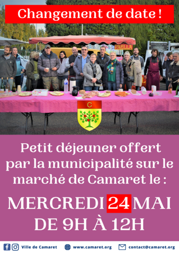 Petit déjeuner offert par la municipalité sur le marché de Camaret ce mercredi 24 mai à 9h00 sur le parking du Moto-Ball