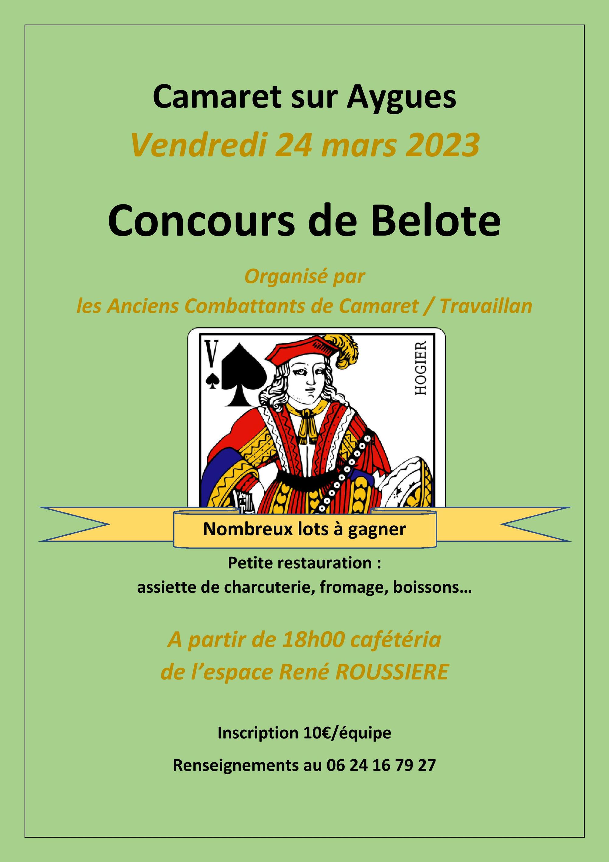 Concours de belote organisé par le CATM de Camaret / Travaillan le vendredi 24 mars à 18h00 à la Cafétéria de la salle René Roussière