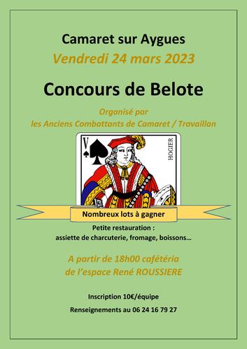Concours de belote organisé par le CATM de Camaret / Travaillan le vendredi 24 mars à 18h00 à la Cafétéria de la salle René Roussière