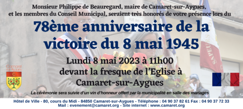 Cérémonie du 78ème anniversaire de la Victoire du 8 mai 1945 devant la fresque de l'Église à Camaret-sur-Aygues ce dimanche 8 mai 2023 à 11h00