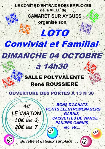 Loto du Comité d'Entraide des Employés de la Ville de Camaret-sur-Aygues le dimanche 4 octobre 2026 à 14h30 à la salle René Roussière