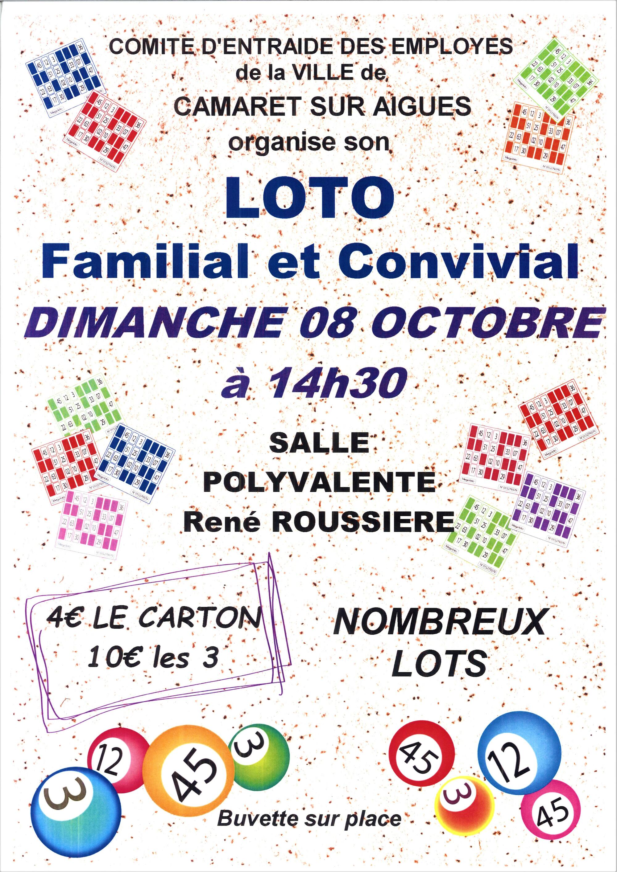 Loto du Comité d'entraide des employés de la Ville de Camaret-sur-Aygues le dimanche 8 octobre à 14h30 à la salle René Roussière