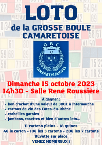 Loto de la Grosse Boule Camarétoise le dimanche 15 octobre à 14h30 à la salle René Roussière