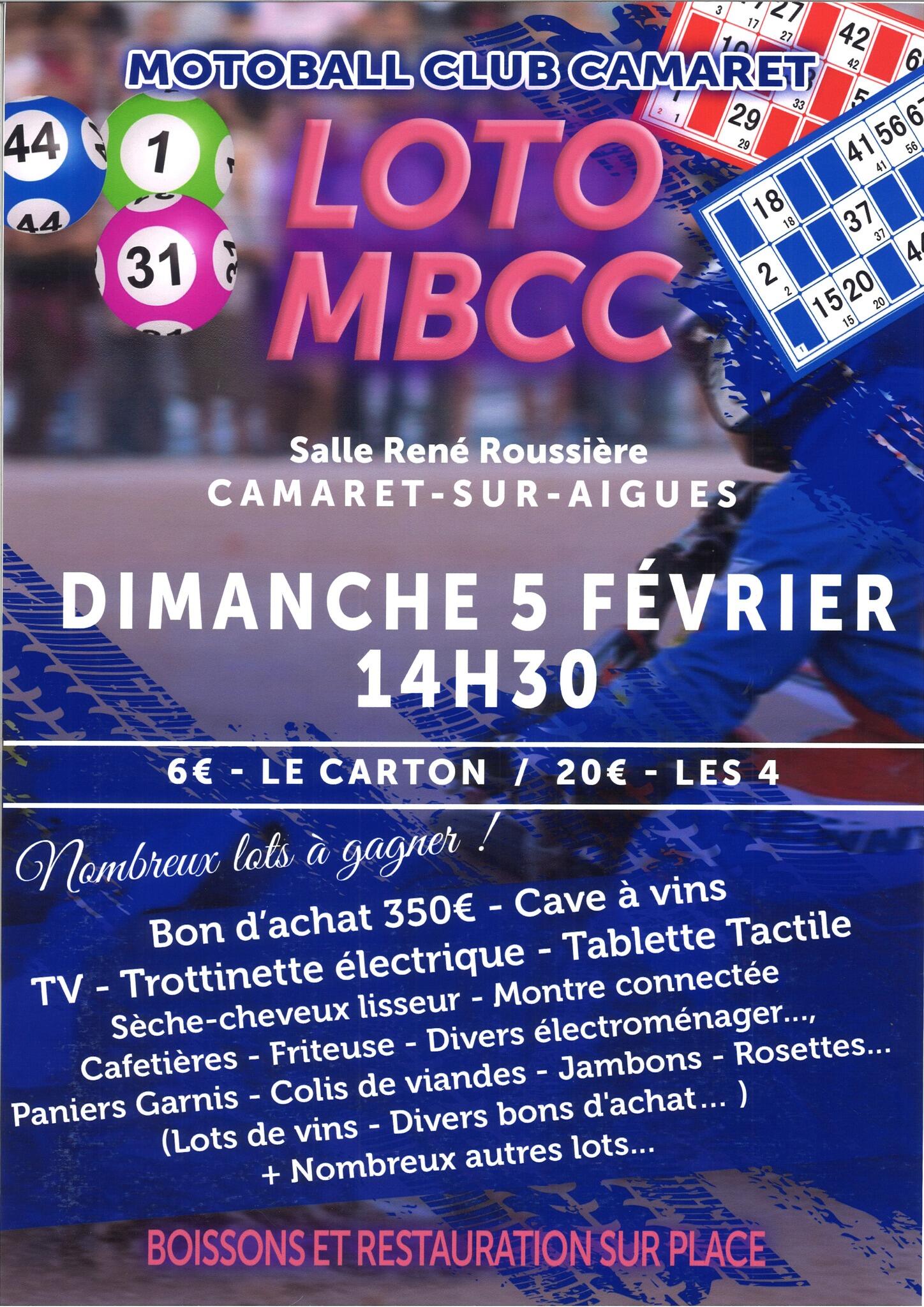 Loto du Moto-Ball Club Camaret le dimanche 5 février 2023 à 14h30 à l'Espace René Roussière