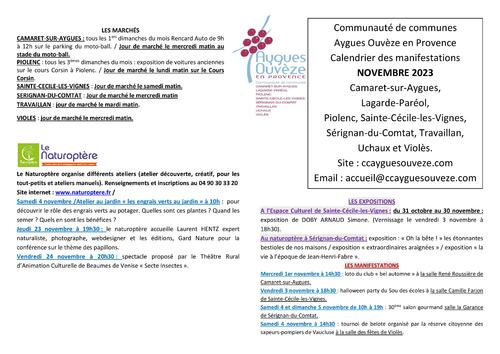 Agenda des manifestations du mois de novembre sur la CCAOP