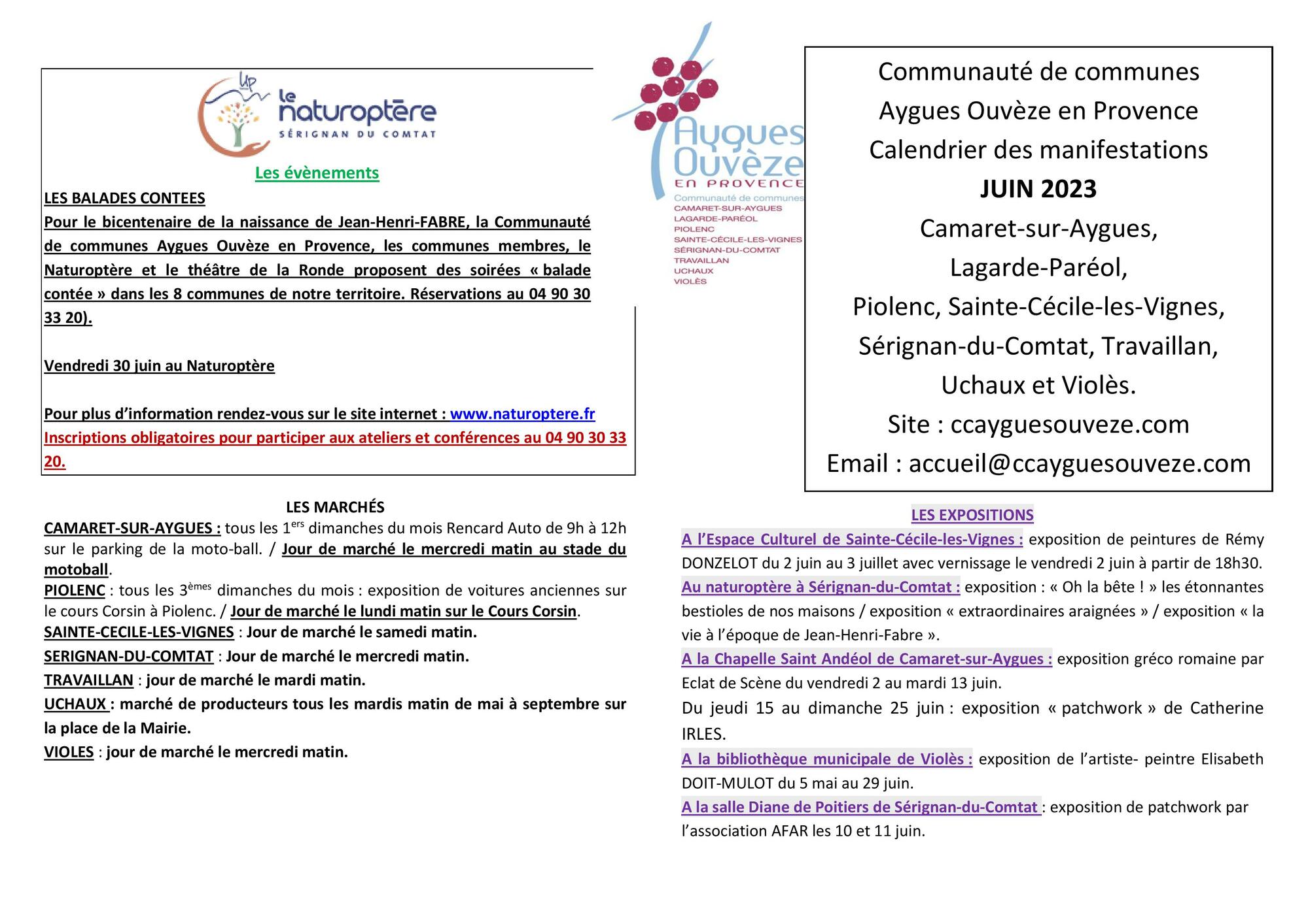 Agenda des manifestations du mois de juin sur la Communauté de communes Aygues Ouvèze en Provence