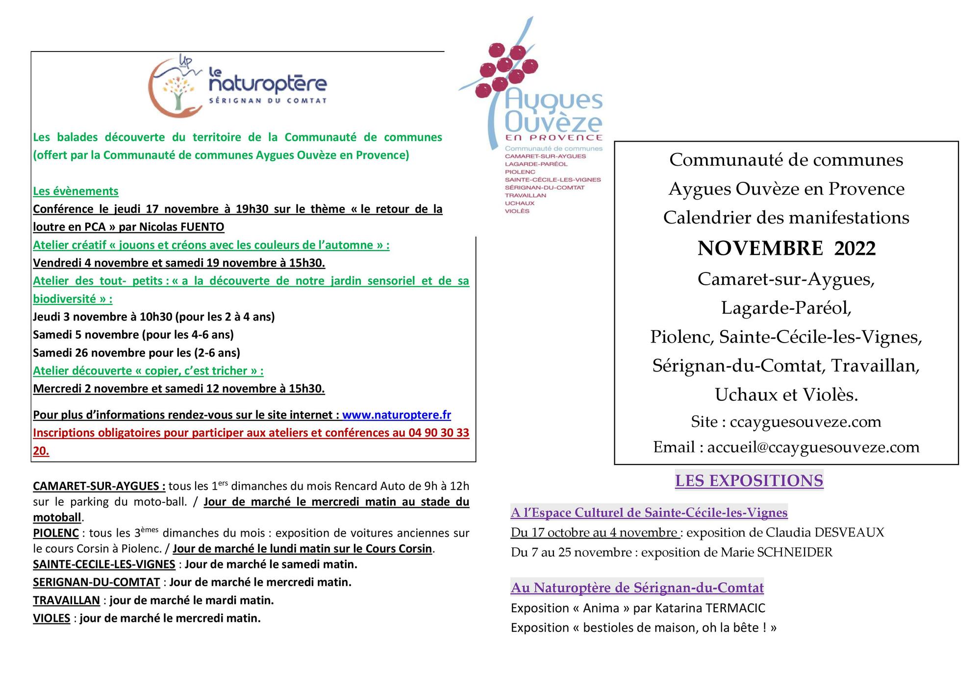 Agenda des manifestations du mois de novembre sur la Communauté de communes Aygues Ouvèze en Provence