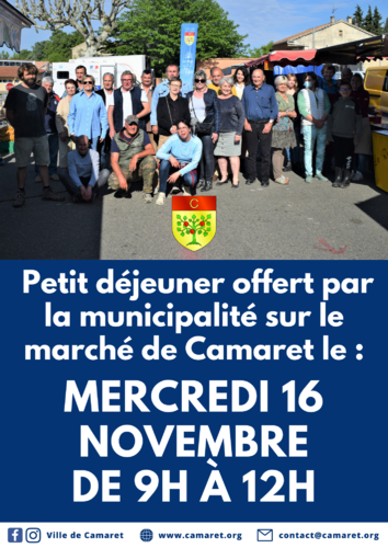 Petit déjeuner offert par la municipalité sur notre marché de Provence ce mercredi 16 novembre de 9h00 à 12h00