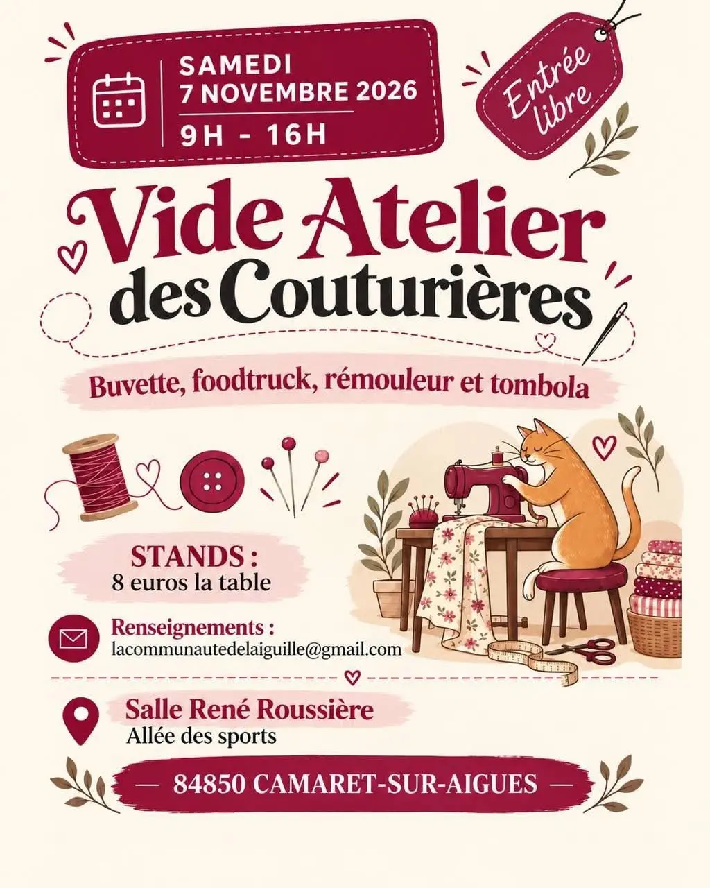 Vide-atelier des couturières, organisée par La Communauté de l'Aiguille, le samedi 7 novembre 2026 de 9h00 à 16h00 à la salle René Roussière