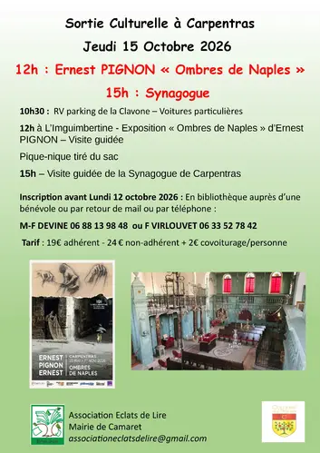 Sortie culturelle à Carpentras organisée par l'association Eclats de Lire le jeudi 15 octobre 2026