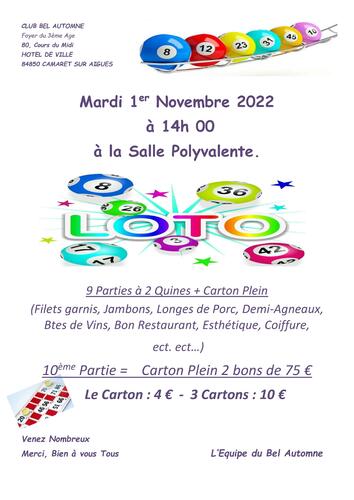Loto de l'association le Club Bel Automne le mardi 1er novembre 2022 à 14h00 à l'Espace René Roussière