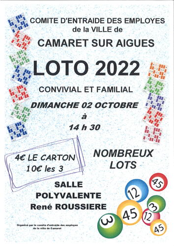 Loto du Comité d'entraide des employés de la Ville de Camaret le dimanche 2 octobre à 14h30 à la salle René Roussière