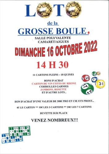 Loto de La Grosse Boule Camarétoise le dimanche 16 octobre 2022 à l'Espace René Roussière
