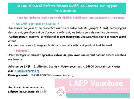Information du LAEP (Lieu d'Accueil Enfants Parents) de la Ville de Camaret-sur-Aygues à retrouver ci-dessous