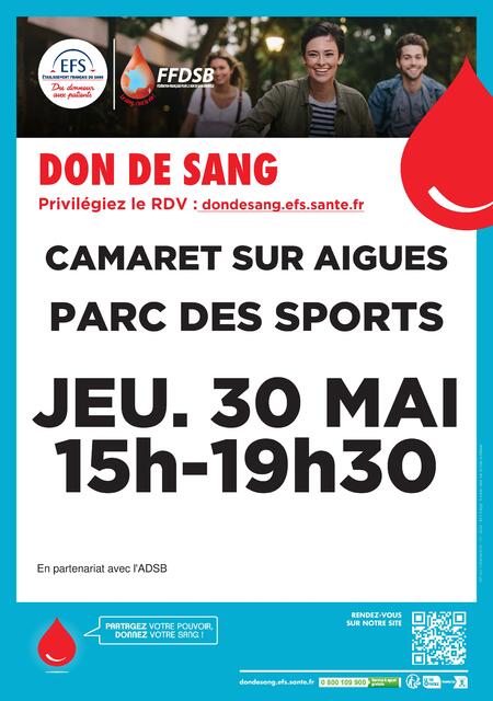 Don du sang le jeudi 30 mai 2024 de 15h00 à 19h30 à la salle René Roussière