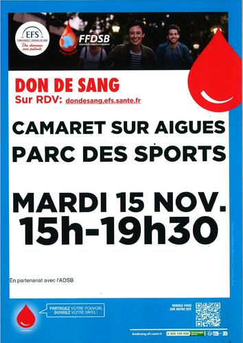 La prochaine collecte de don de sang se déroulera le mardi 15 novembre 2022, de 15h00 à 19h30 à l'Espace René Roussière de Camaret