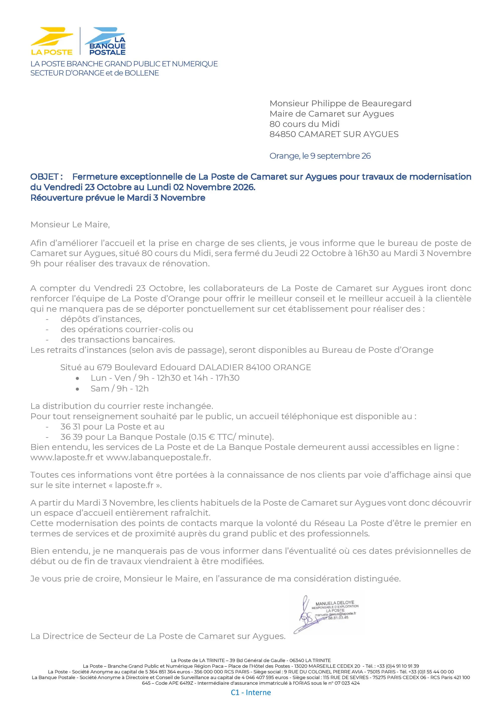 Fermeture exceptionnelle de La Poste de Camaret pour travaux de modernisation du vendredi 23 octobre au lundi 2 novembre 2026