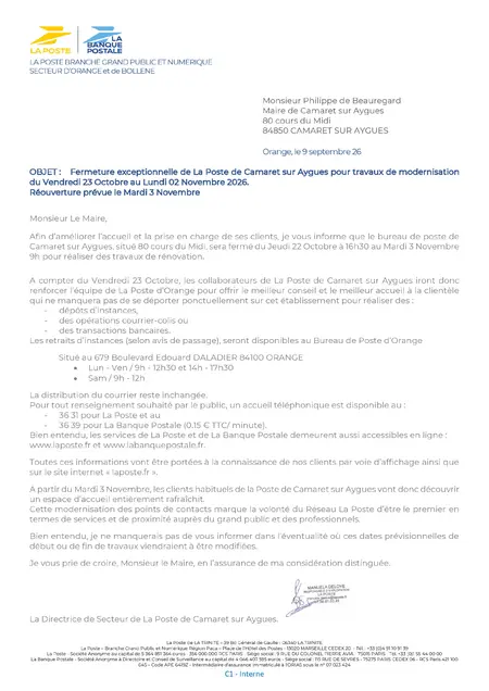 Fermeture exceptionnelle de La Poste de Camaret pour travaux de modernisation du vendredi 23 octobre au lundi 2 novembre 2026
