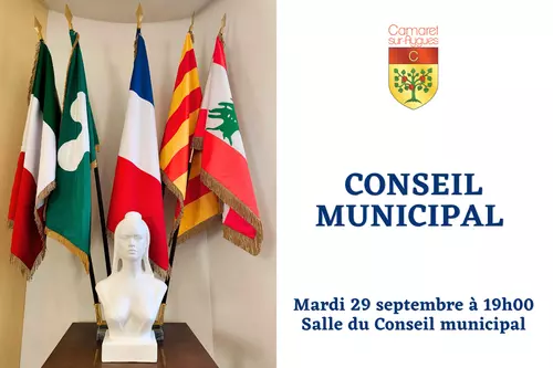 Le prochain Conseil municipal se tiendra le mardi 29 septembre 2026 à 19h00 dans la salle du Conseil municipal à l'Hôtel de Ville de Camaret-sur-Aygues