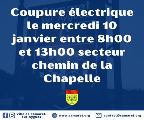 Coupure électrique le mercredi 10 janvier entre 8h00 et 13h00 secteur chemin de la Chapelle